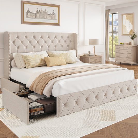 Breltam Bed Frame with Storage Drawers and Wingback Headboard