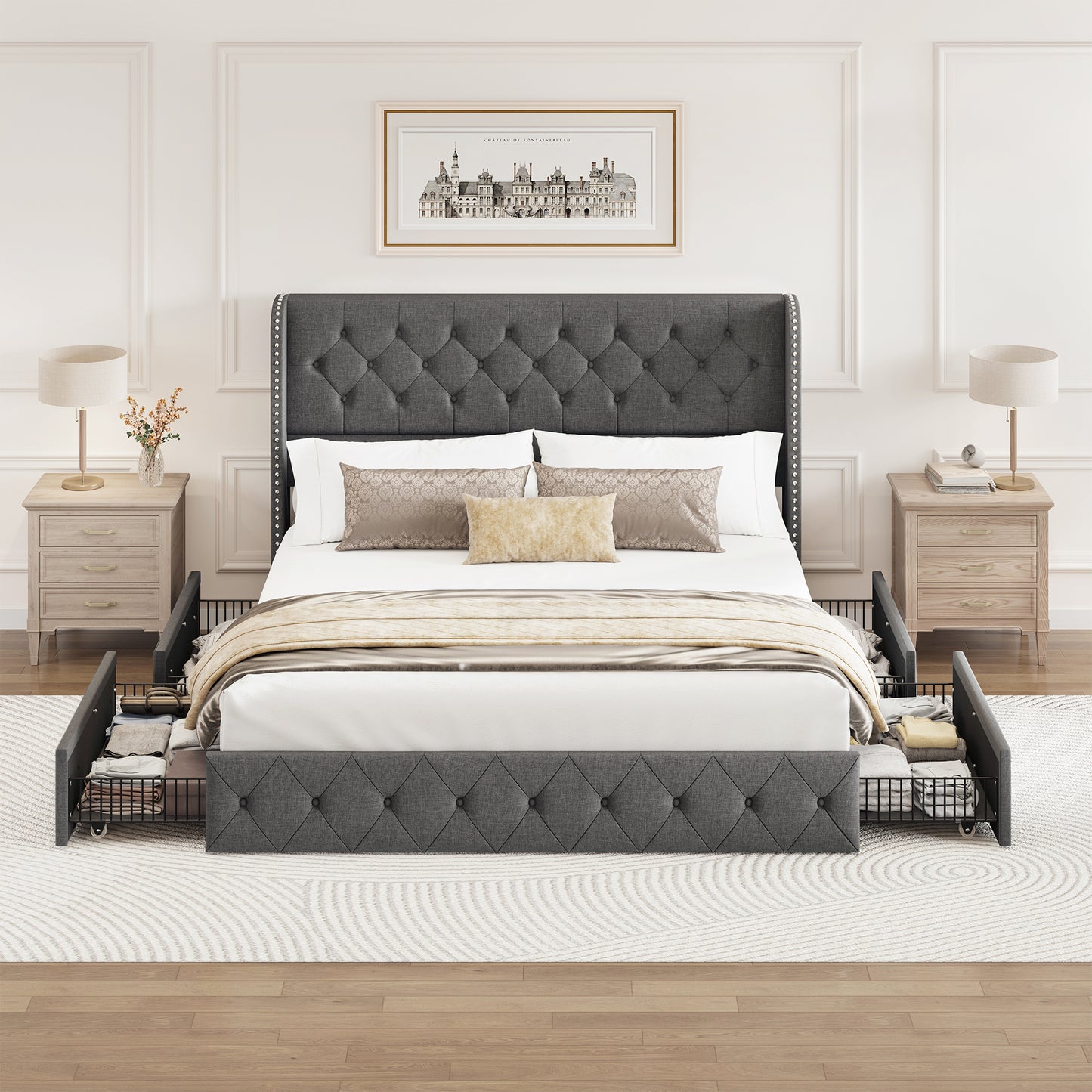 Breltam Bed Frame with Storage Drawers and Wingback Headboard