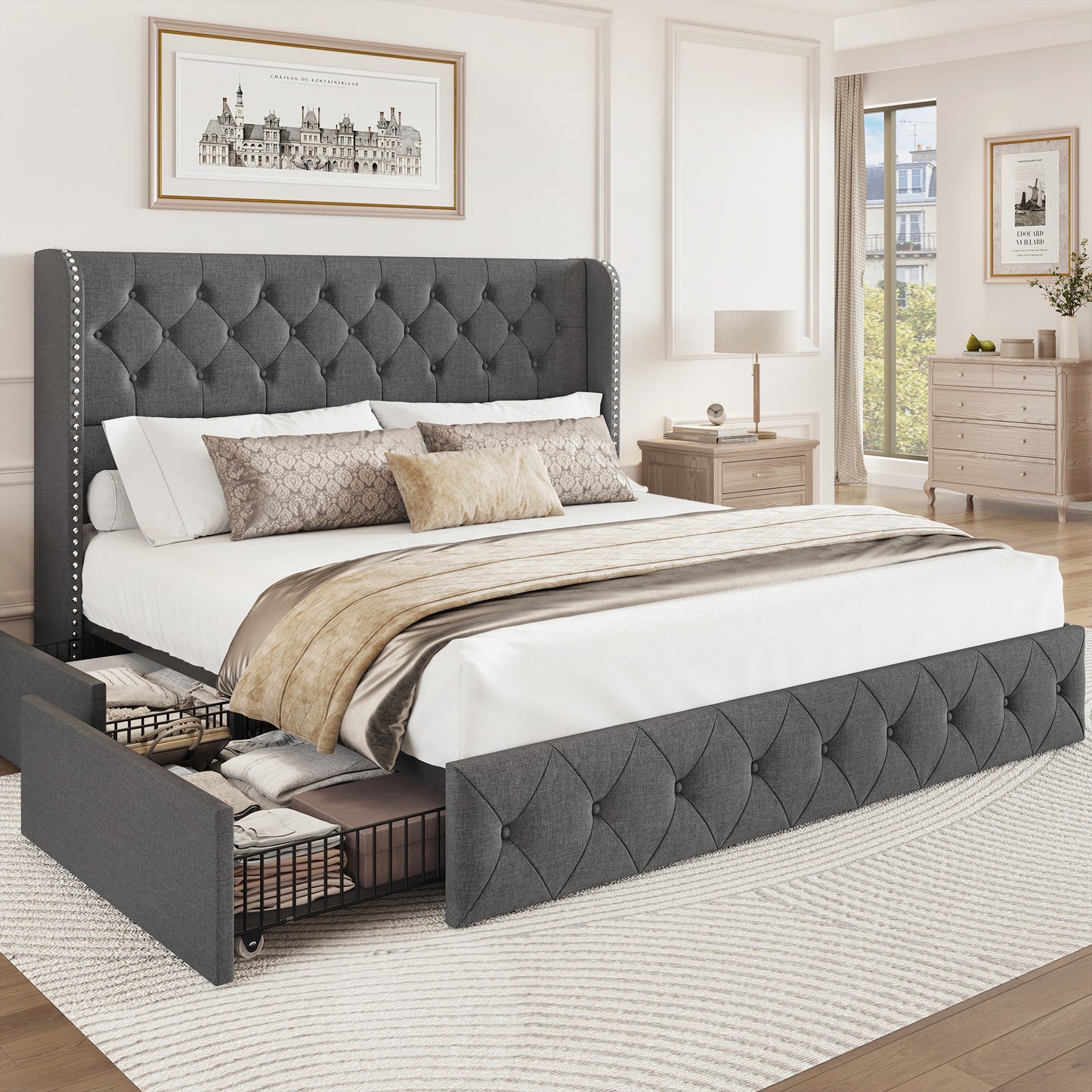 Breltam Bed Frame with Storage Drawers and Wingback Headboard