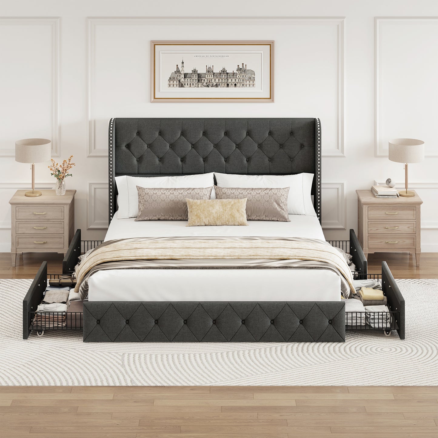 Breltam Bed Frame with Storage Drawers and Wingback Headboard
