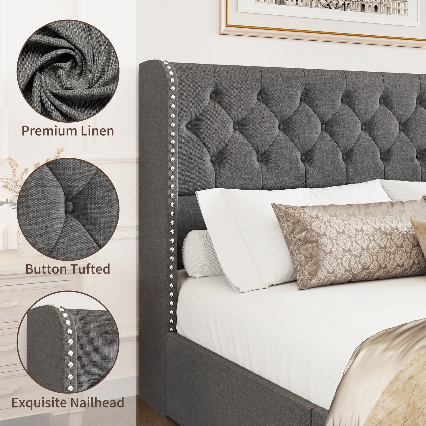 Breltam Bed Frame with Storage Drawers and Wingback Headboard