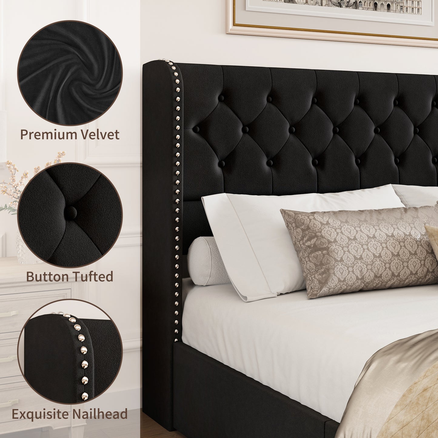 Breltam Bed Frame with Storage Drawers and Wingback Headboard