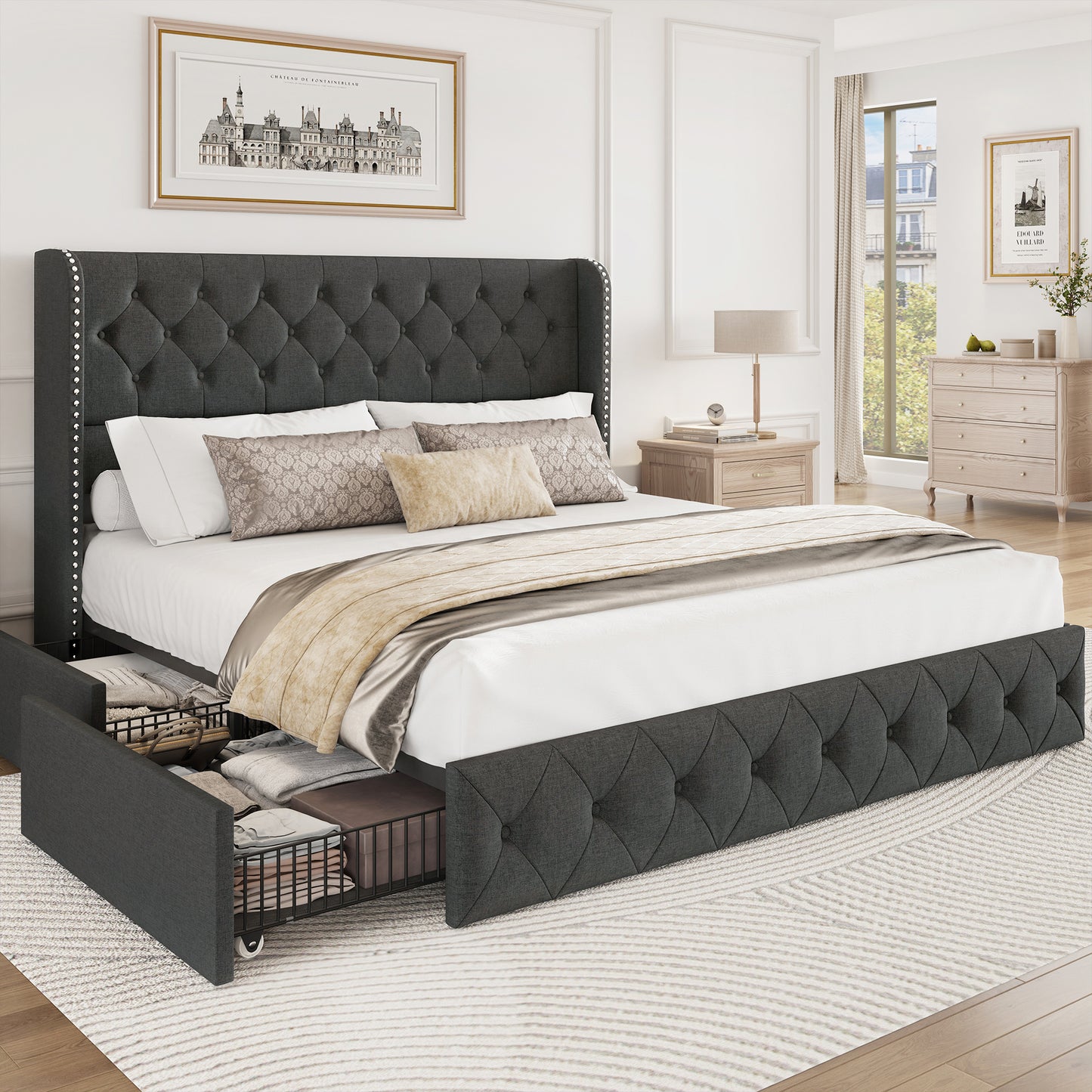 Breltam Bed Frame with Storage Drawers and Wingback Headboard