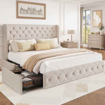 Breltam Bed Frame with Storage Drawers and Wingback Headboard
